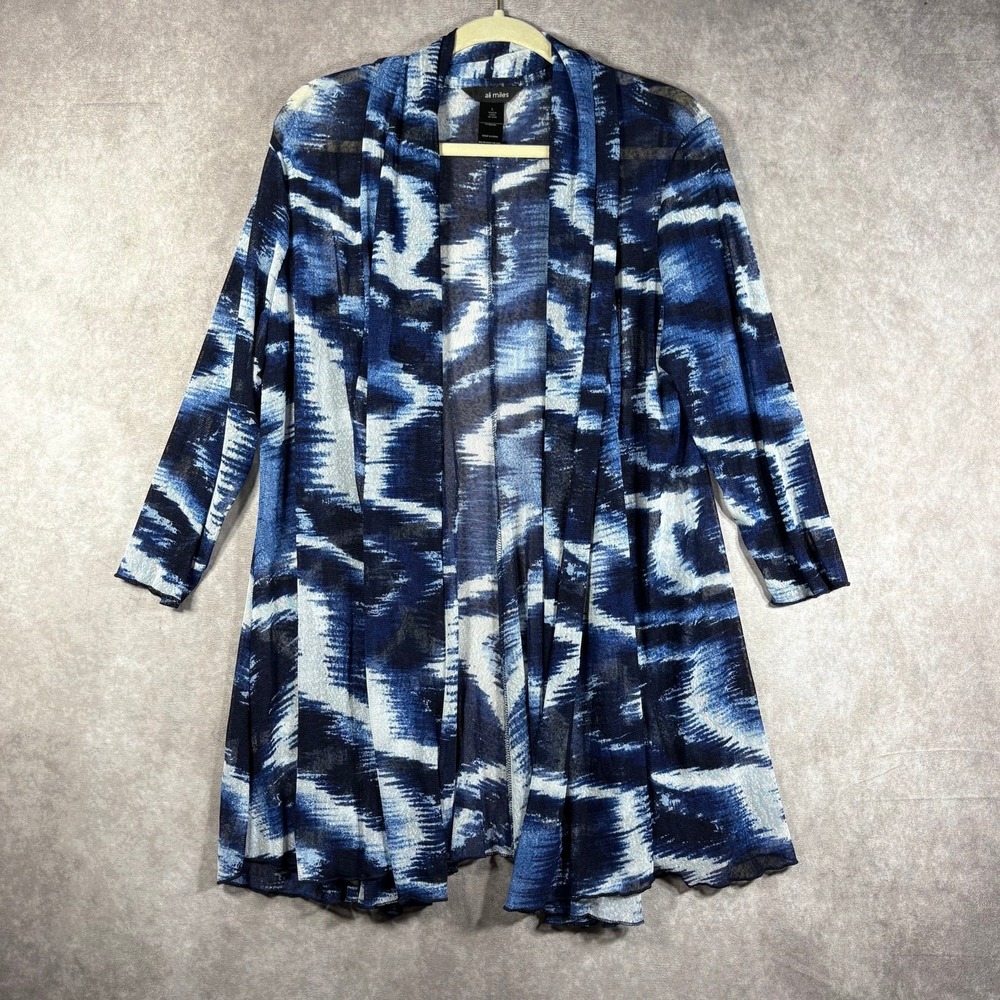 Ali Miles Cardigan Sweater Womens L Blue Abstract Knit Open Front Career Office